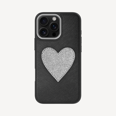 Husa Telefon iPhone 16 Pro Max, Piele Saffiano, Glitter Heart