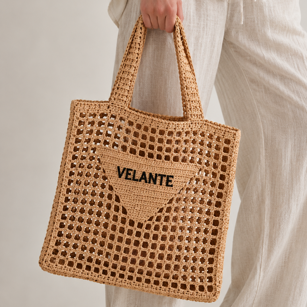 Geanta Tote Structurata, Fibra din Hartie Tip Rafie, Logo Brodat