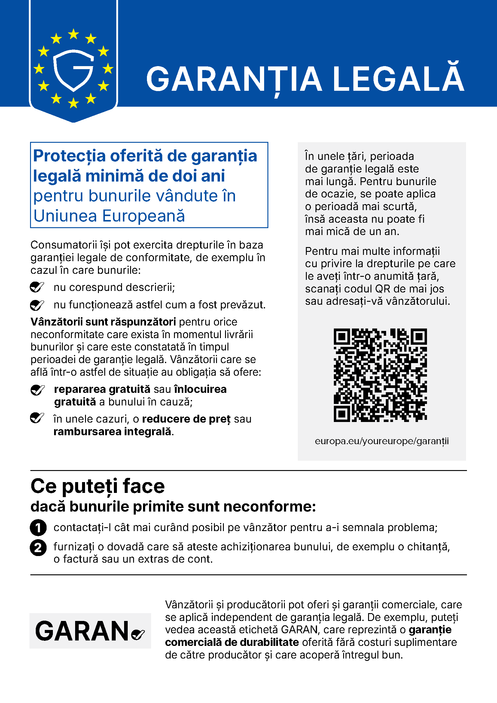 Notificare privind garantia legala de conformitate: minimum doi ani pentru bunurile vandute in Uniunea Europeana